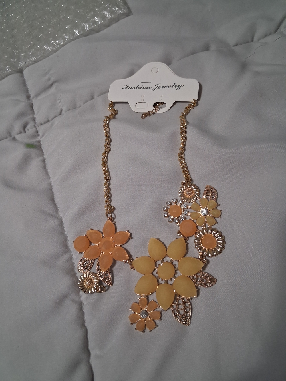 Fashion Jewelry Gold-Tone Floral Necklace with Peach & Yellow Petals